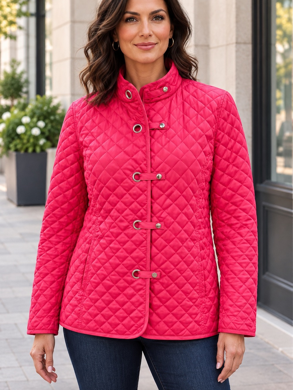 Jones New York Signature Women’s M Fuchsia Pink Quilted Toggle Jacket